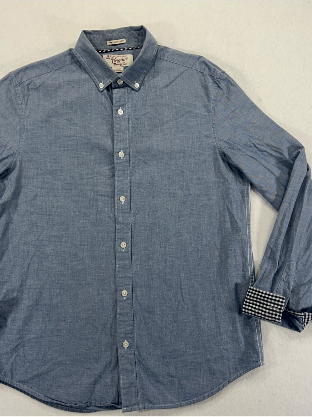 Original Penguin Blue Button-Down Chambray Shirt with Gingham Cuff